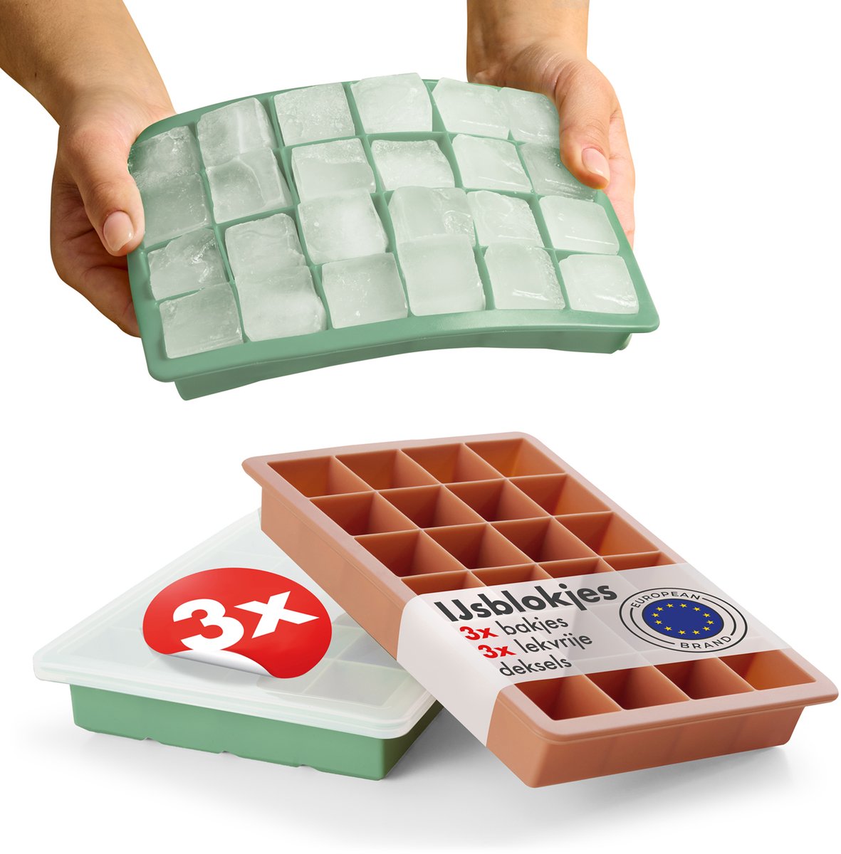 Blumtal IJsblokjesvorm Idun Set van 3 - 24 ijsblokjes - Siliconen ijsblokjesvorm met deksel - IJsblokjesvorm Kubusvorm - BPA-vrij - Olijfgroen + Rood