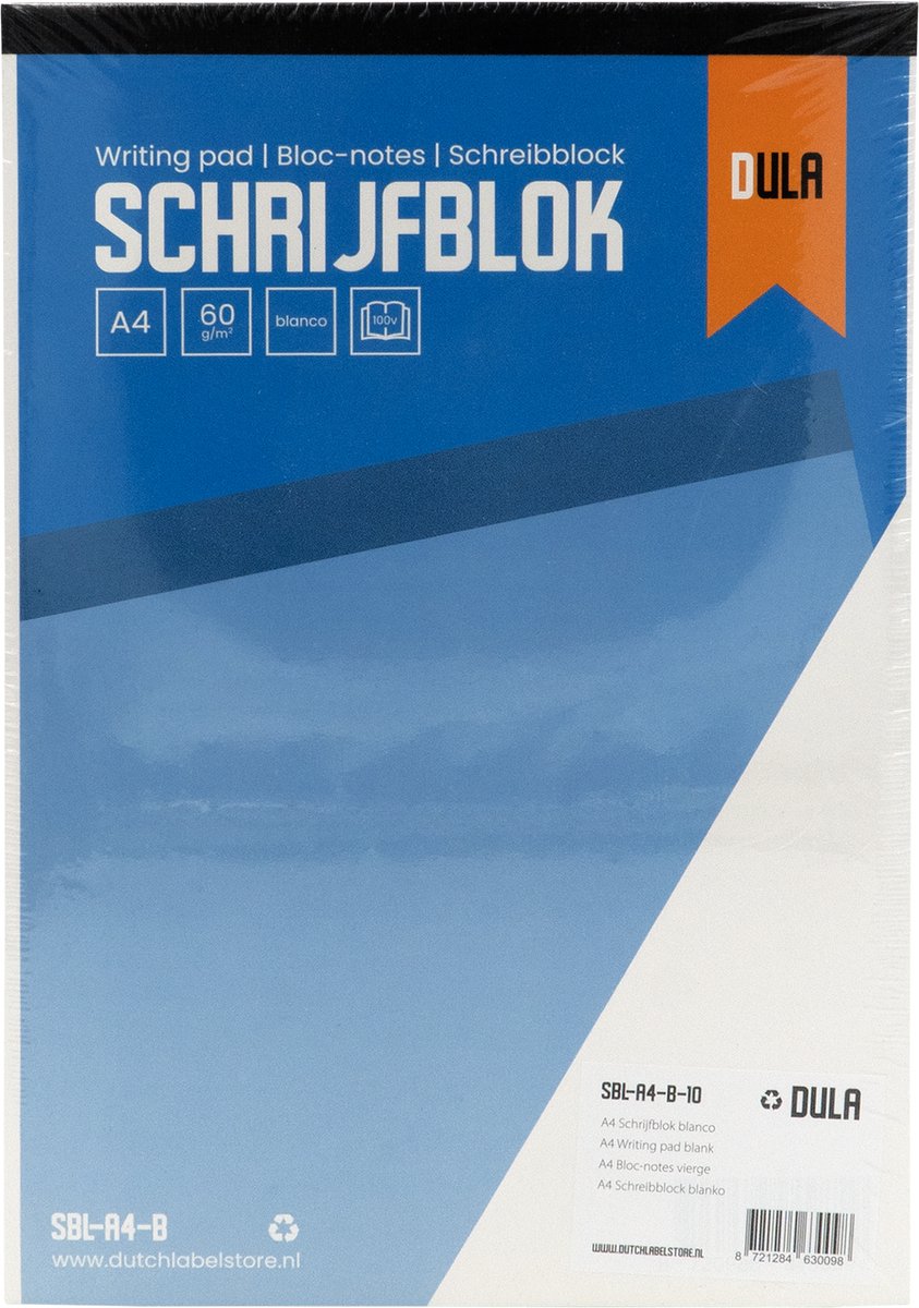 Schrijfblok A4 formaat blanco 100 vel - Notitieblok - 60 grams papier - 10 stuks - DULA