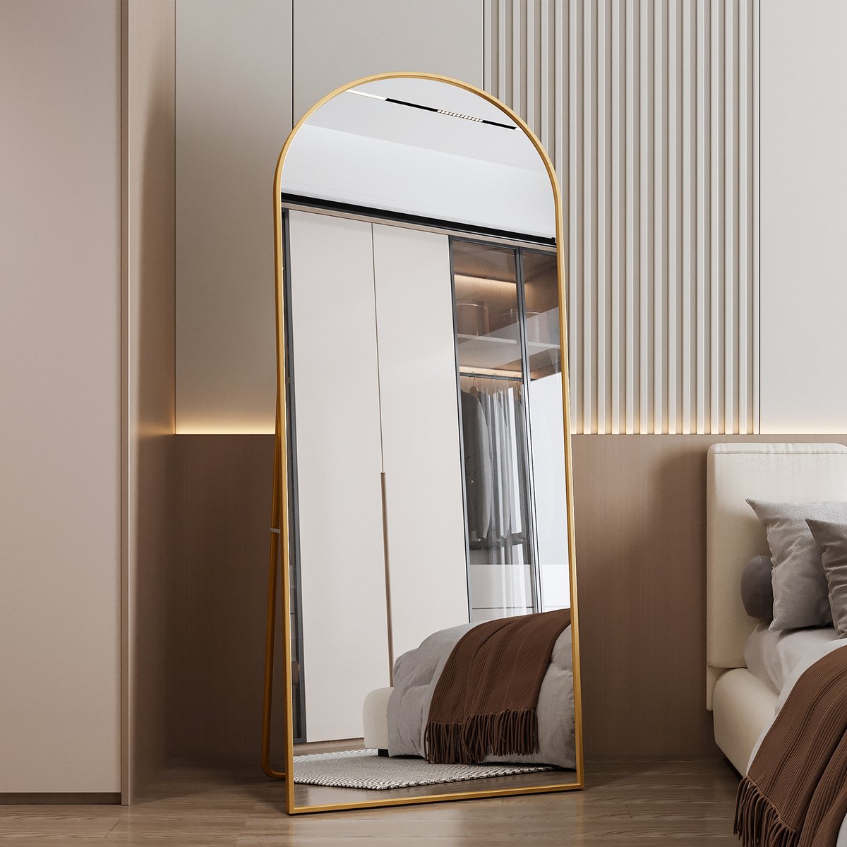 Passpiegel 180x80 cm - Grote wandspiegel met multifunctionele aluminium lijst (hangend/zittend/staand), Passpiegel voor badkamer, slaapkamer, hal of woonkamer, goud