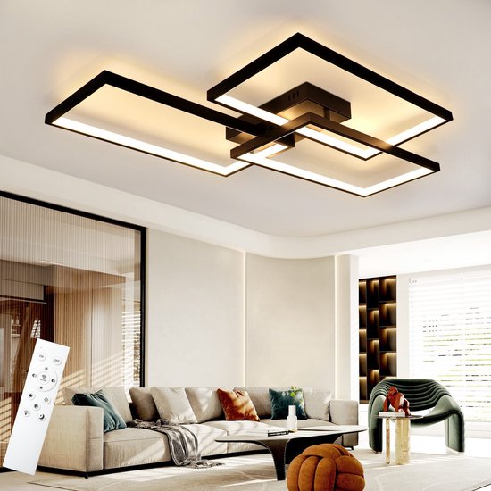Plafonnier LED NETTLIFE - 80 cm - Dimmable - 3 lumières - Zwart - avec télécommande - Rectangulaire - Plafonnier moderne - Métal - pour chambre | Cuisine | Salle à manger - 72W