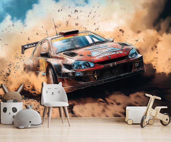 Rode raceauto met sponsors, driftend door stofwolken in een kinderkamer met speelgoed.