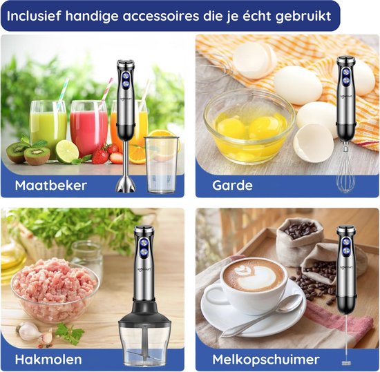 Vier afbeeldingen met de staafmixer en accessoires: een maatbeker, garde, hakmolen en melkopschuimer. "Maatbeker, Garde, Hakmolen, Melkopschuimer."