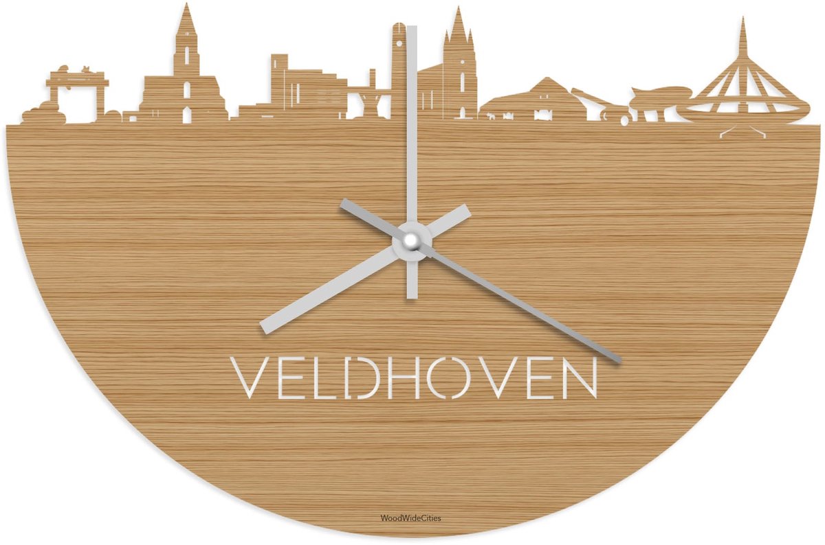Skyline Klok Veldhoven Bamboe hout - Ø 40 cm - Stil uurwerk - Wanddecoratie - Meer steden beschikbaar - Woonkamer idee - Woondecoratie - City Art - Steden kunst - Cadeau voor hem - Cadeau voor haar - Jubileum - Trouwerij - Housewarming -