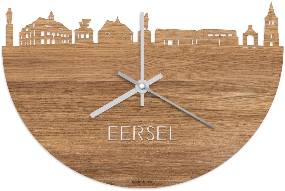 Skyline Klok Eersel Eikenhout - Ø 40 cm - Stil uurwerk - Wanddecoratie - Meer steden beschikbaar - Woonkamer idee - Woondecoratie - City Art - Steden kunst - Cadeau voor hem - Cadeau voor haar - Jubileum - Trouwerij - Housewarming - WoodWideCities