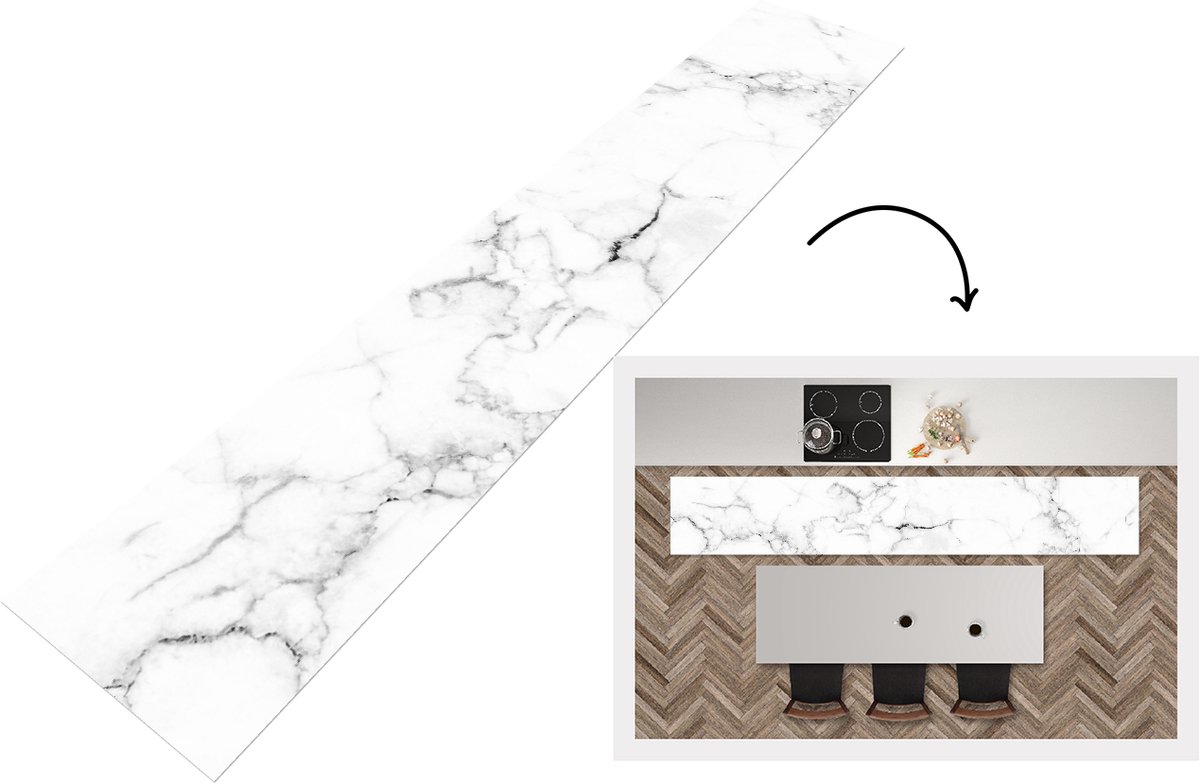 KitchenYeah Keukenloper 300x50 cm - Keukenmat vinyl Marmer - Wit - Grijs - Luxe - Marmerlook - Structuur - Keukenmatten loper - Keuken vloerkleed tapijt
