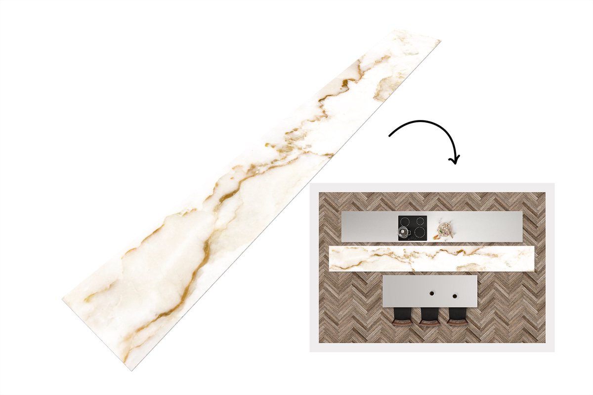 KitchenYeah Keukenloper 400x50 cm - Keukenmat vinyl Marmer - Kalk - Goud - Luxe - Marmerlook - Wit - Keukenmatten loper - Keuken vloerkleed tapijt