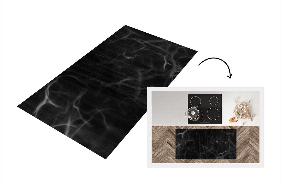 KitchenYeah Keukenloper 120x60 cm - Keukenmat vinyl Marmer - Patronen - Zwart - Keukenmatten loper - Keuken vloerkleed tapijt
