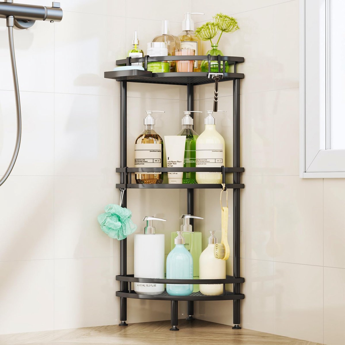 Ibenzoa® Doucherek zonder boren hoek - 3 stuks doucherek met opbergbak en 4 haken, roestvrijstalen badkamerrek voor shampoo en douchegel