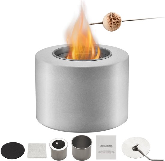 vuurkorf, 125 x 117 x 105 mm, tafelhaard, decoratie voor binnen en buiten, vuurschaal voor ontsmettingsalcohol, smoresmaker, mini-vuurkorf voor terras en balkon met brandblusser, lichtgrijs | NL