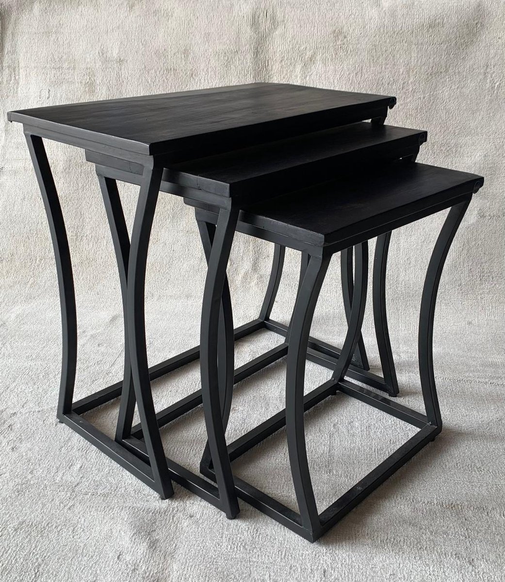 Bijzettafel Set van 3 – Zwart Mangohout & Metaal – Industrieel Nesting Design