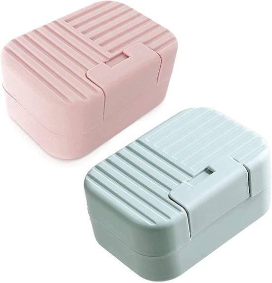Zeepbakje met deksel - 2 stuks - Draagbaar zeepbakje ideaal voor badkamer - douche - camping - Roze/Blauw