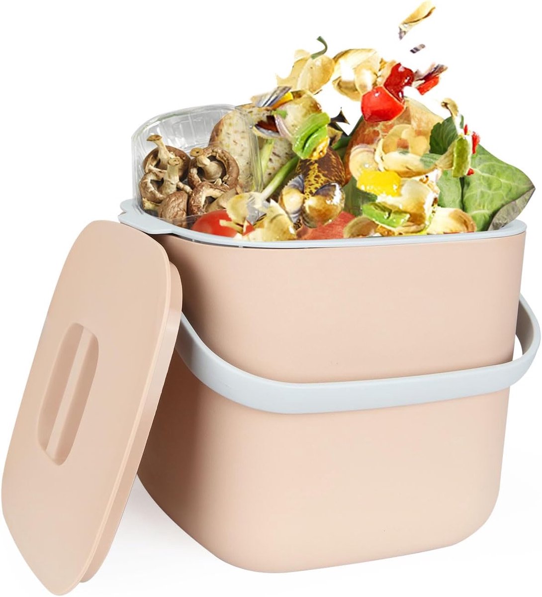 Keuken Voedselafval Compostbakje - 6.5L - Countertop - Plastic Container - Verwijderbare Filter Binnenemmer - Licht Koffiekleurige Deksel met Handvat