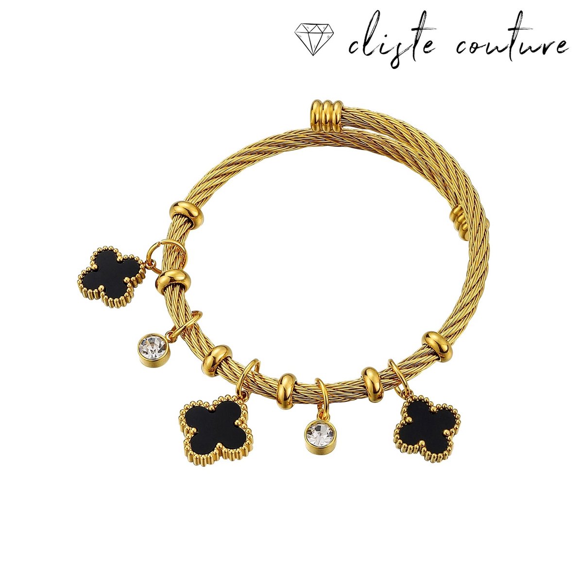 Luxe ALEENA CLOVER Armband – Trendy Cliste Couture Armband van 18K Gold Plated Stainless Steel - Vrouwen Armbanden - Sieraden - Verguld - Verstelbaar - Zwart