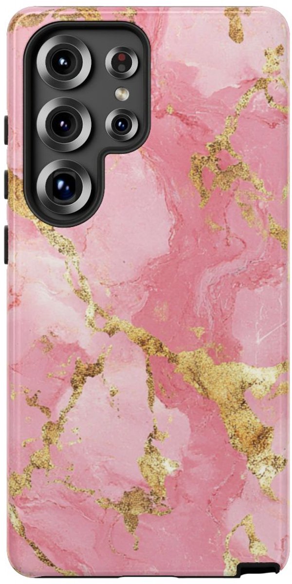 Roze en Gouden Marmerstructuur – Telefoonhoesje Geschikt voor Samsung Galaxy S25 Ultra