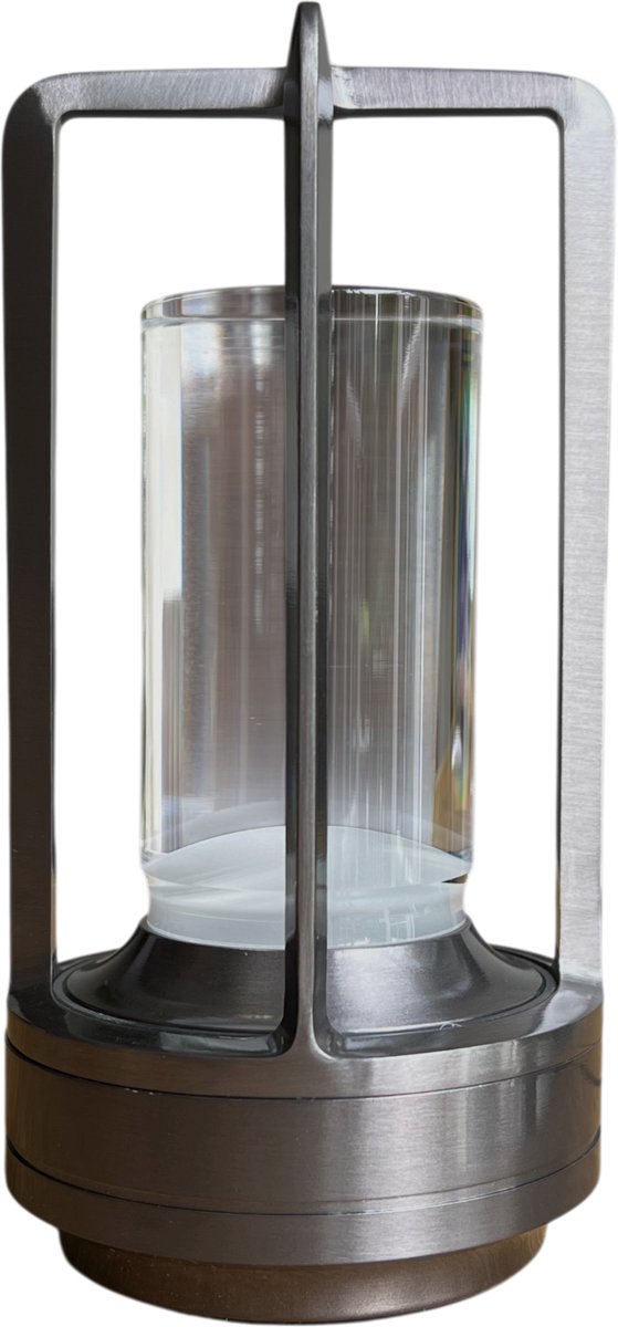 Lanta LED Tafellamp – Draadloos & Oplaadbaar – Touchbediening – Lantaarn Dimbaar – Warm en Wit Licht – 18 x 9 cm – Industrieel Design – Grijs Aluminium