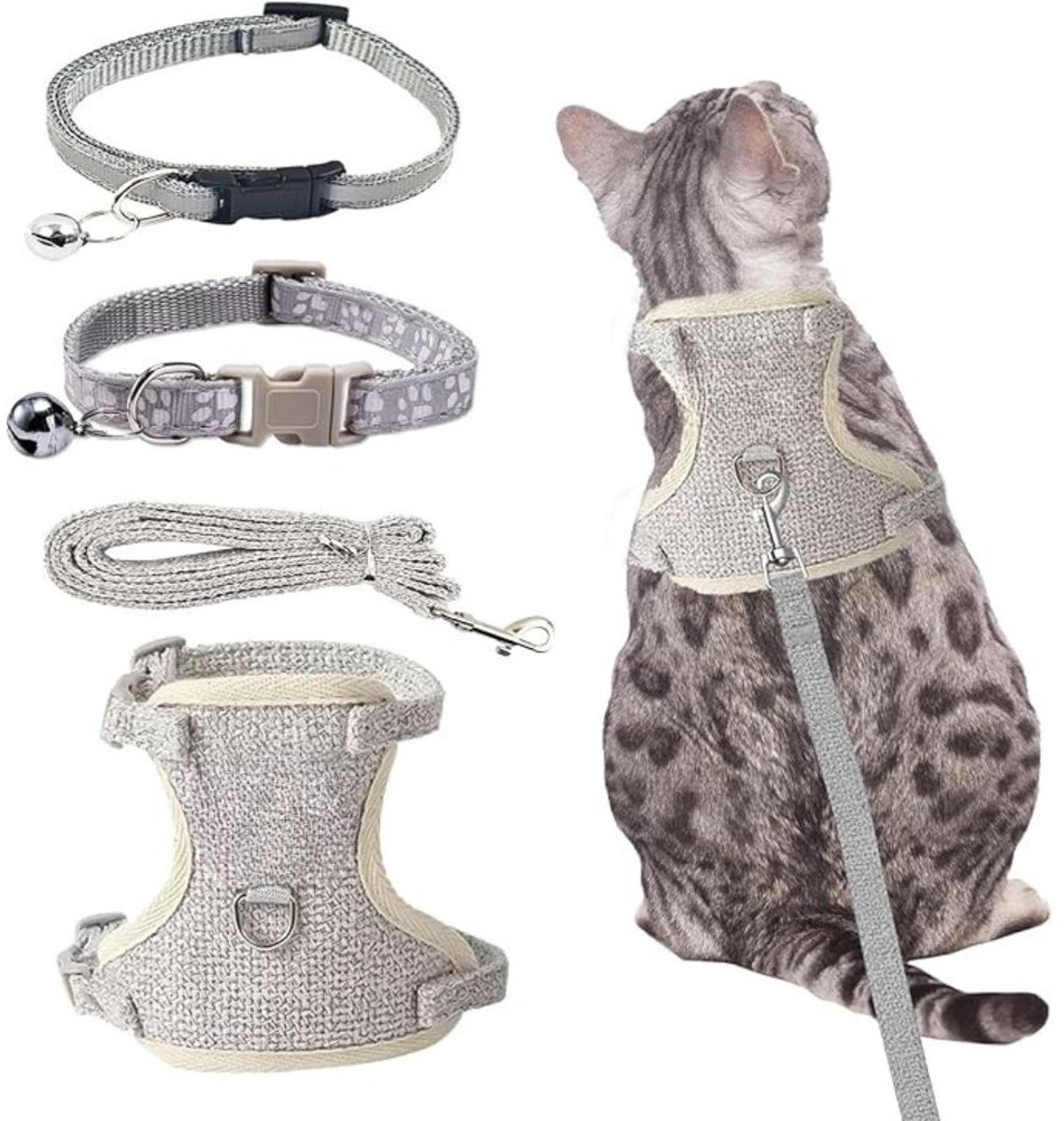 GTB® Kattentuigje met Looplijn - Kattentuigje - Kattenharnas - Grijs - 18cm x 16cm x 3cm