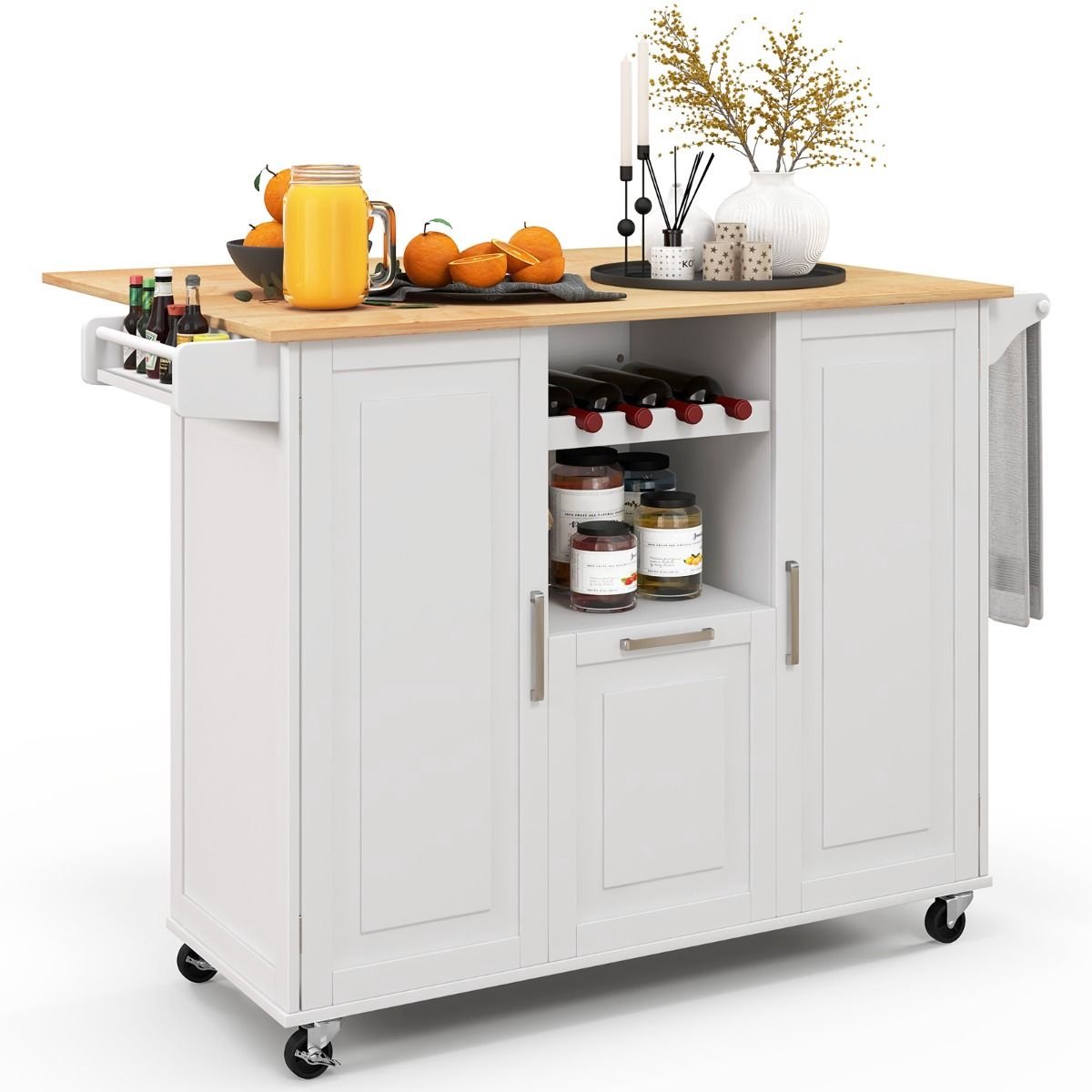 Keukeneiland - Verplaatsbaar - Keukenkast - Dressoir - Organizer - Kasten - Houten Werkblad - Wit