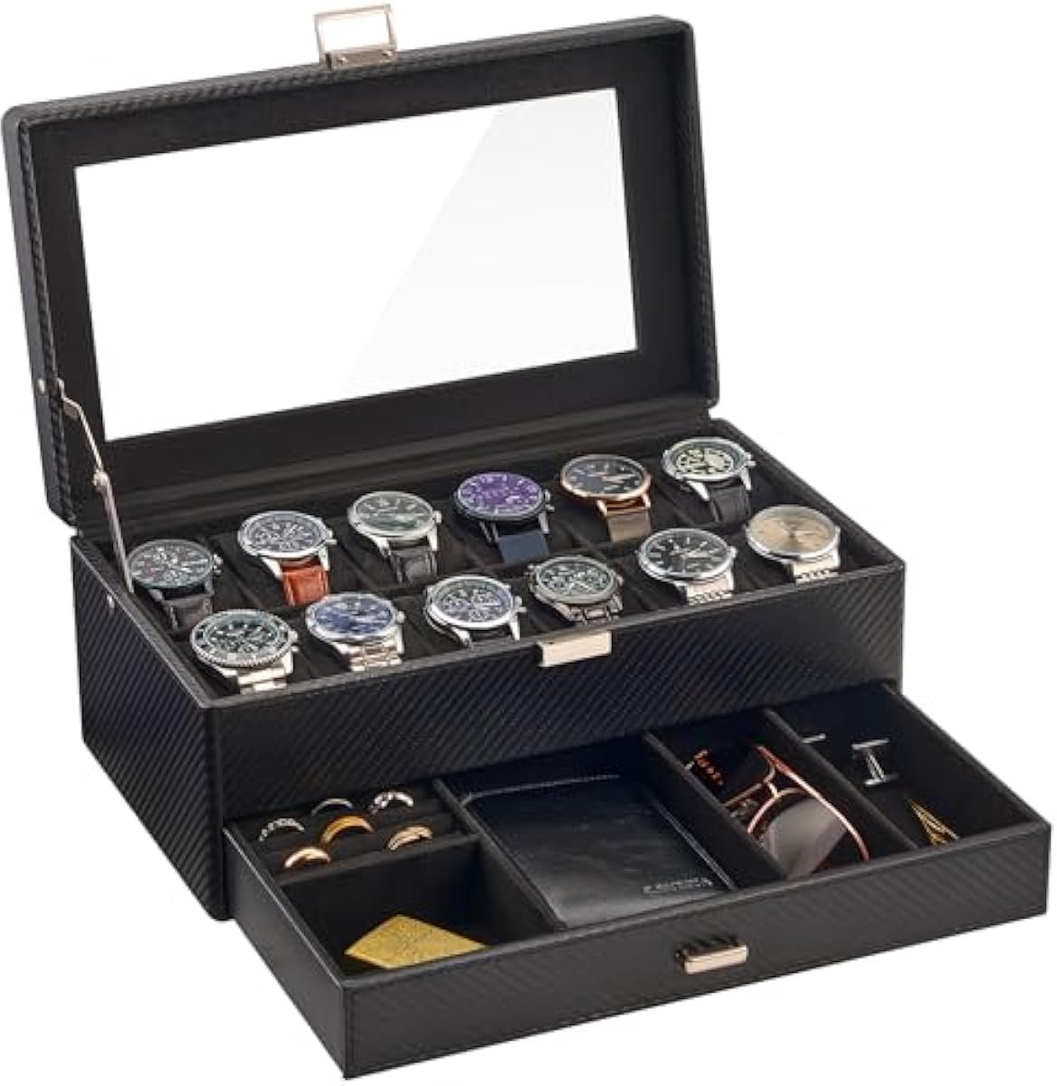 12 Slot Horloge Box voor Mannen, Sieraden Organizer Box met Lade, Display Opbergkoffer met Glazen Deksel -AllBlack