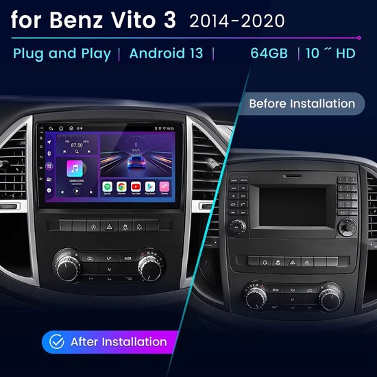 Autoradio-10-inch autoradio voor Vito 3 W447 2014-2020 4+64G met CarPlay, Android Auto, GPS-navigatie, Android 14 autoradio met Bluetooth, wifi, FM/RDS, SWC, Mirror Link, gesplitst scherm + AHD, achteruitrijcamera met microfoon