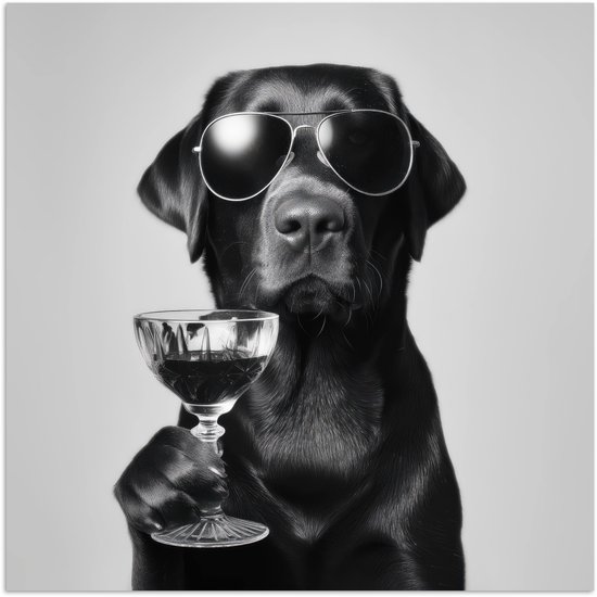 Affiche 30x30 cm - Chien - Zwart - Verre à vin - Lunettes de soleil - Posters - Décoration chambre - Décoration murale salon - Décoration murale chambre