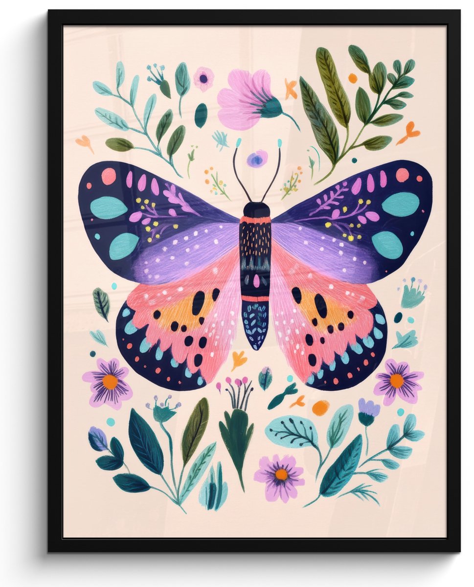 FrameYourWall Poster in lijst - Fotolijst 60x80 cm - Posters - Bloemen - Bladeren - Vlinder - Kleurrijk - Posterlijst zwart - Decoratie - Wanddecoratie woonkamer - Muurdecoratie slaapkamer Vlinder - Bloemen