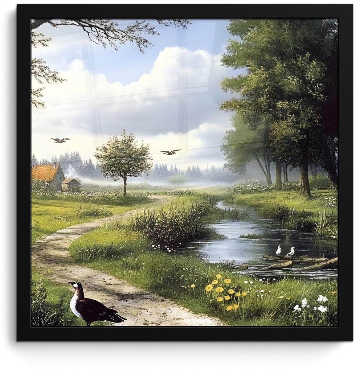 FrameYourWall Poster in lijst - Fotolijst 40x40 cm - Posters - Zandpad - Groen landschap - Water - Posterlijst zwart - Decoratie - Wanddecoratie woonkamer - Muurdecoratie slaapkamer Zandpad - Water