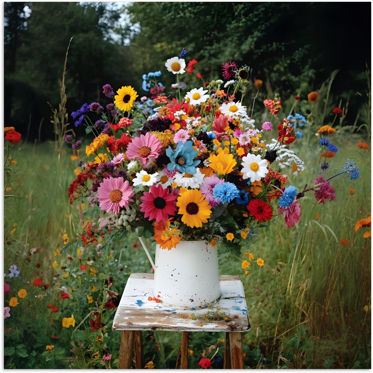 Poster 30x30 cm - Bloemen - Krukje - Gieter - Veld - Posters - Kamer decoratie - Wanddecor