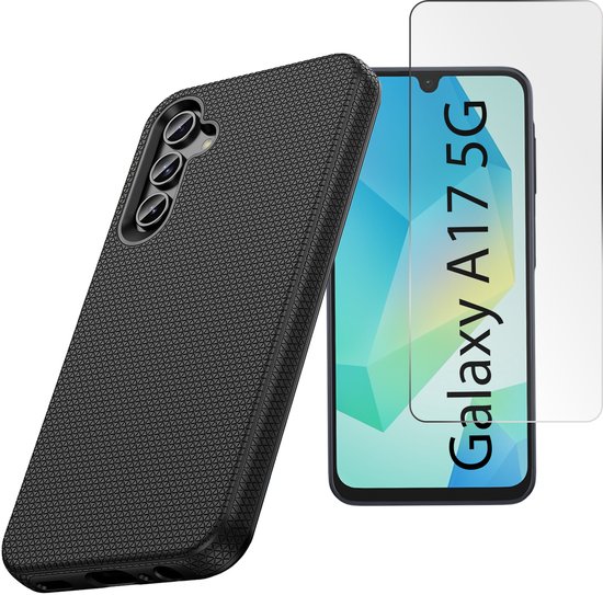 Coque de téléphone Casemania noire avec motif antidérapant, à côté d'un téléphone Samsung Galaxy A17 5G et d'un protecteur d'écran.
