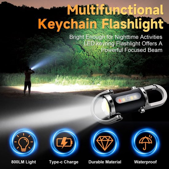 Mini Lampe Torche Porte-clés 1200 Lm étanche – Avec Batterie Externe, 8 Modes, Pour Camping Et Urgence - 12