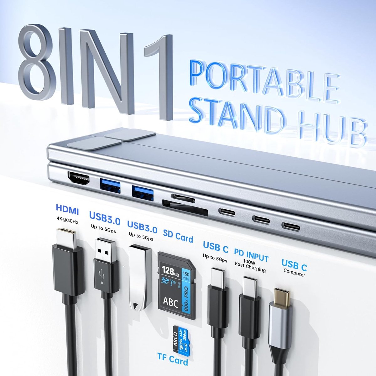 8-in-1 USB-C Docking Station met 4K HDMI, 100W Power Delivery, USB 3.0, SD/TF Kaartlezer en Verstelbare Laptopstandaard - Afbeelding 3