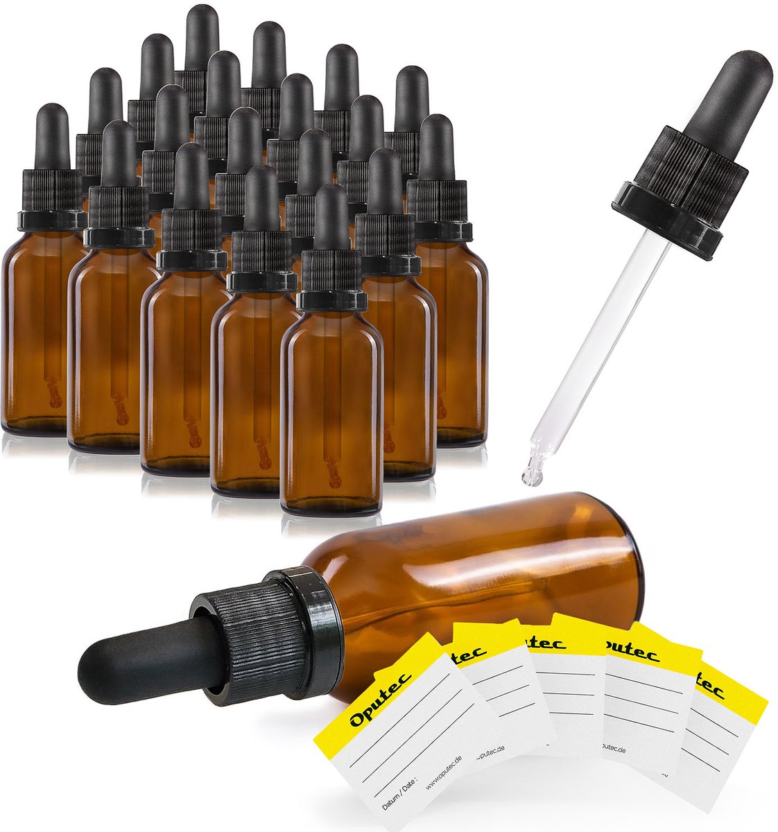 Oputec 20 x 30ml pipetfles bruin glas – doseerfles met glazen pipet + etiketten