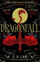 Couverture du livre Dragonfall avec un dragon rouge sur fond noir avec cercle doré et plumes.