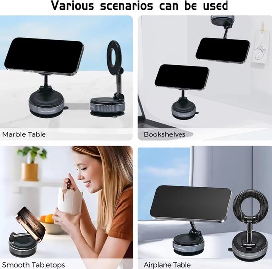 Zwarte GadgetKing telefoonhouder op diverse oppervlakken: marmer, boekenplank, tafel en vliegtuigtafel.