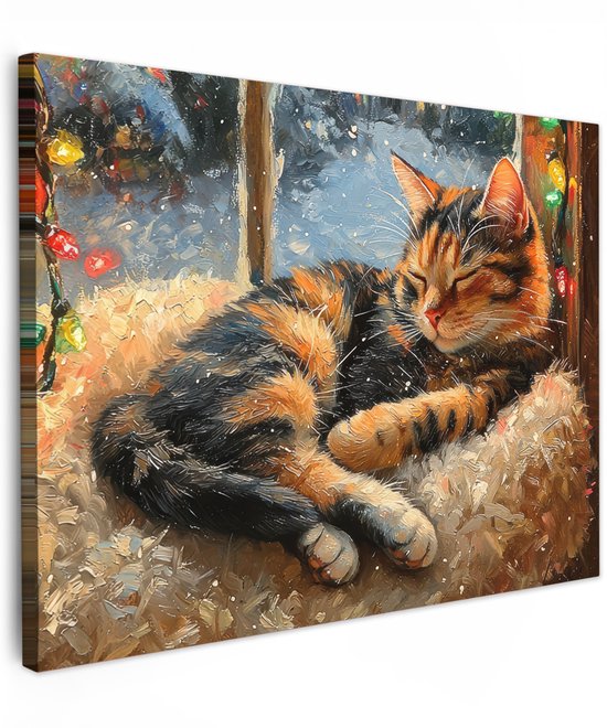Tuinschilderij voor buiten 70x50 cm - Tuindecoratie Kat - Kerst - Winter - Dier - Tuinposter op canvas - Tuin muurdecoratie - Buitenschilderij decoratie - Schutting wanddecoratie - Buitencanvas - Kerstversiering - Kerstdecoratie