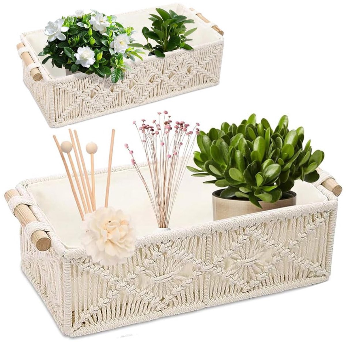 Ibenzoa® Set van twee handgeweven macramé opbergmanden met houten handgrepen