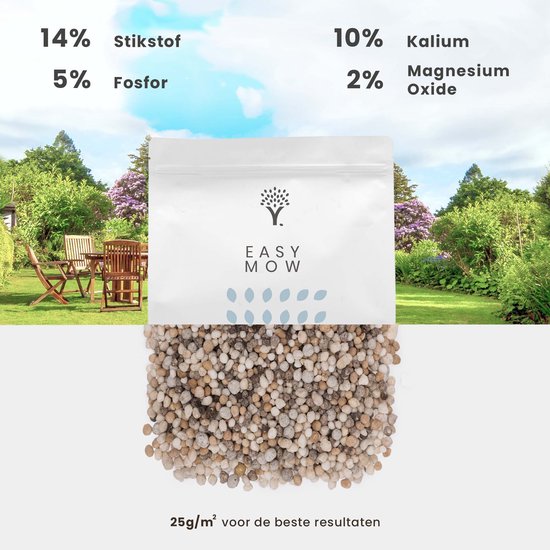 Witte verpakking met Easy Mow logo en blauwe blaadjes. Onder de verpakking liggen korrels. Rechts bovenaan tekst: 10% Kalium, 2% Magnesium Oxide. Links bovenaan: 14% stikstof, 5% fosfor.