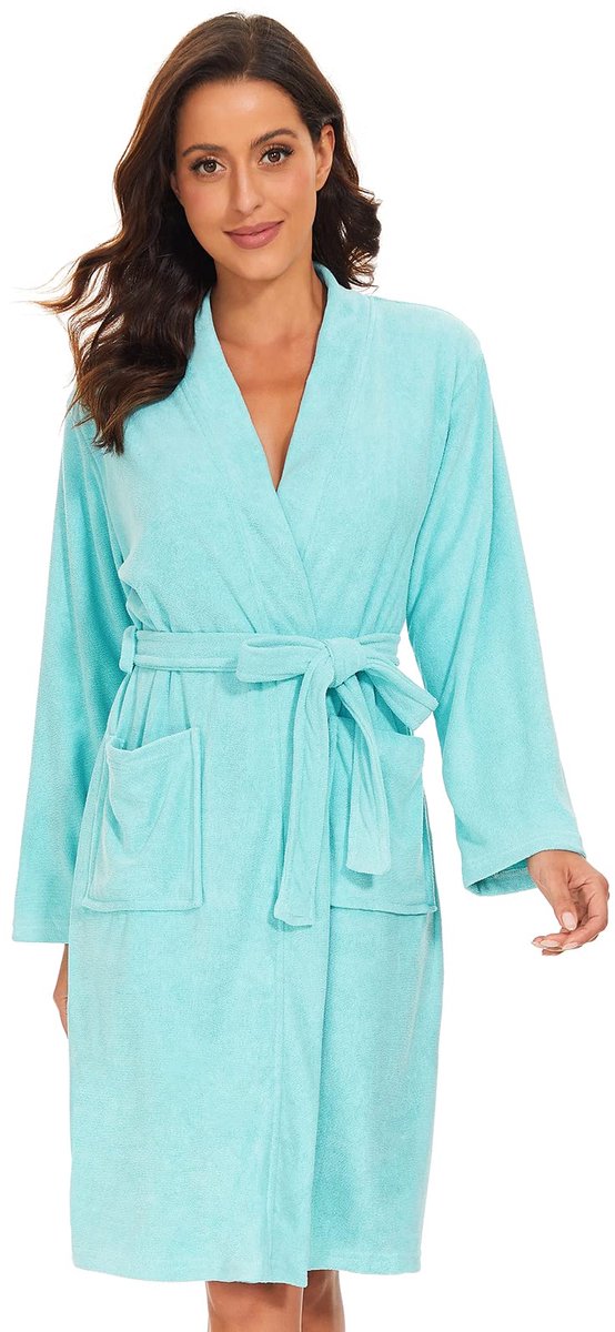 Dames Badjas - Lichtgewicht Frottee Knie-lang - Voor Sauna en als Morgenjas - Blauw L