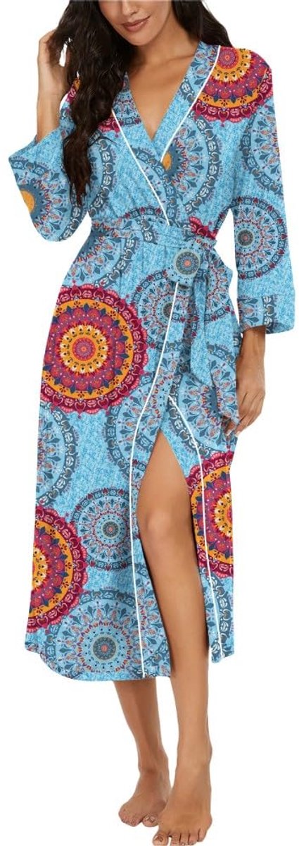 Dames Kimono Badjas - Lang - Lichtgewicht - Met 3/4 Mouwen - Voor Loungewear en Sauna - Gemêleerd Blauw - XXL