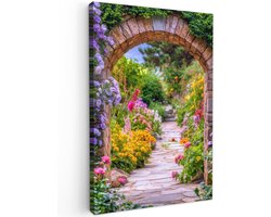 Tuinschilderij voor buiten 80x120 cm - Tuindecoratie Doorkijk - Bloemen - Pad - Natuur - Tuinposter op canvas - Tuin muurdecoratie - Buitenschilderij decoratie - Schutting wanddecoratie - Buitencanvas