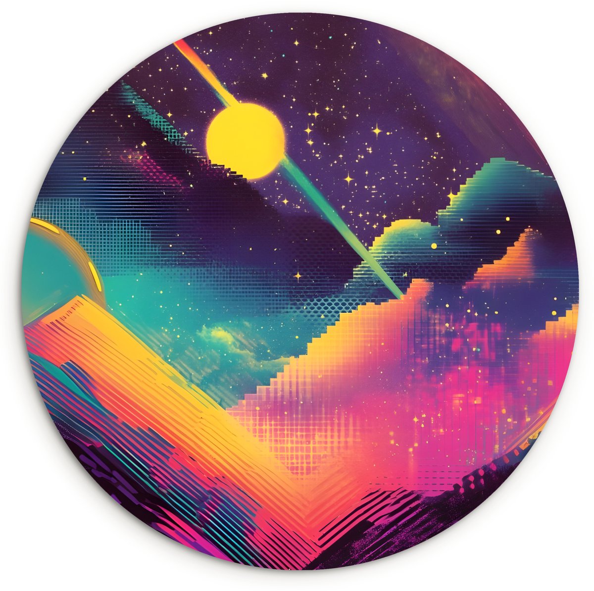 WallCircle Wandcirkel 30x30 cm - Muurcirkel Sterren - Bergen - Kleurrijk - Muurdecoratie woonkamer - Wanddecoratie slaapkamer - Kamer decoratie accessoires - Ronde schilderijen Sterren - Kleurrijk