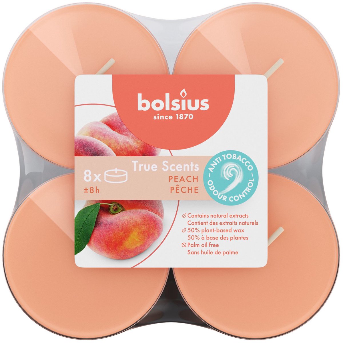 Bolsius Maxilichten clear cup True Scents Peach 8uur pak a 8 stuks