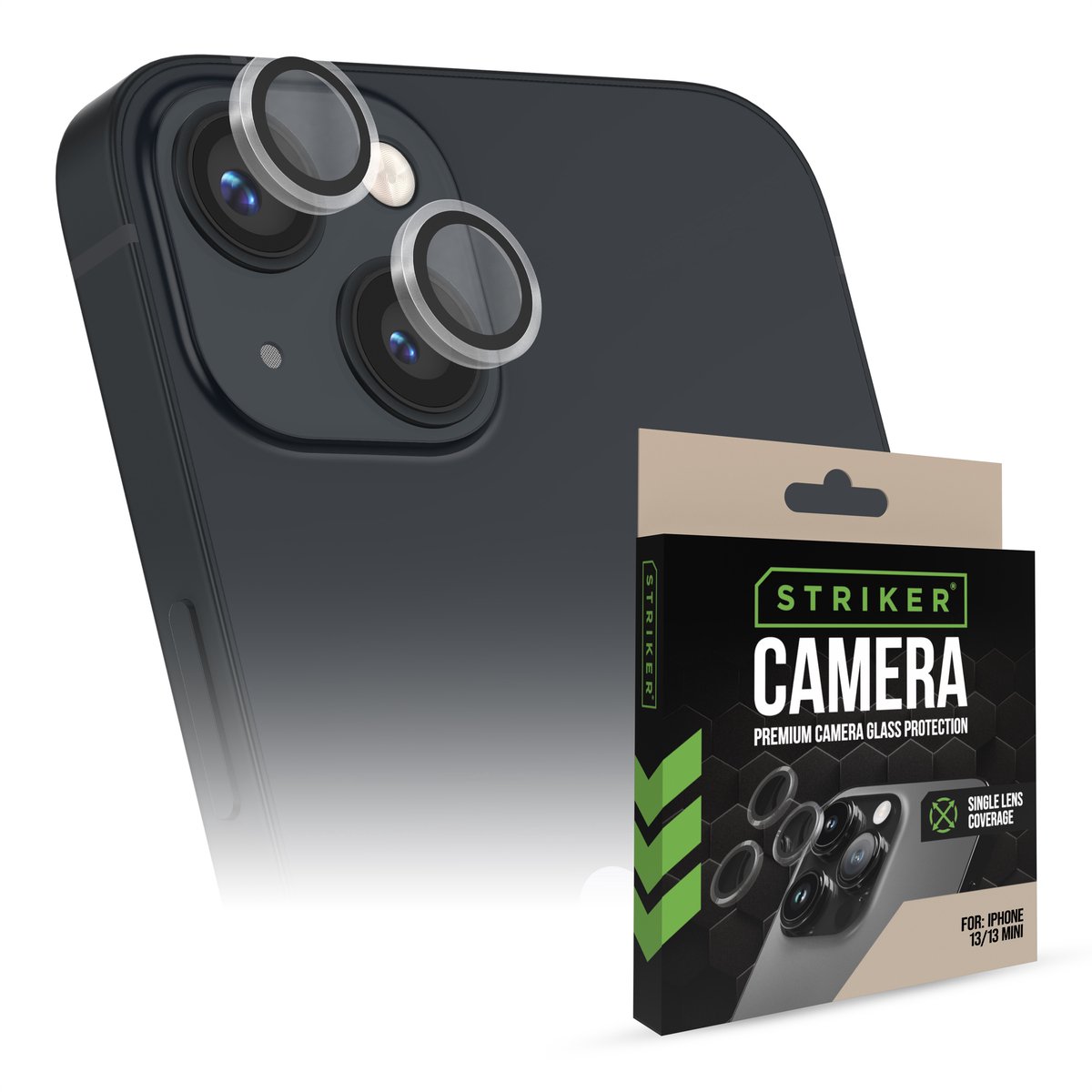 Striker Screenprotector geschikt voor Apple iPhone 13 Mini Glazen | Striker Single Lens Camera Lens Protector - Case Friendly - Zwart