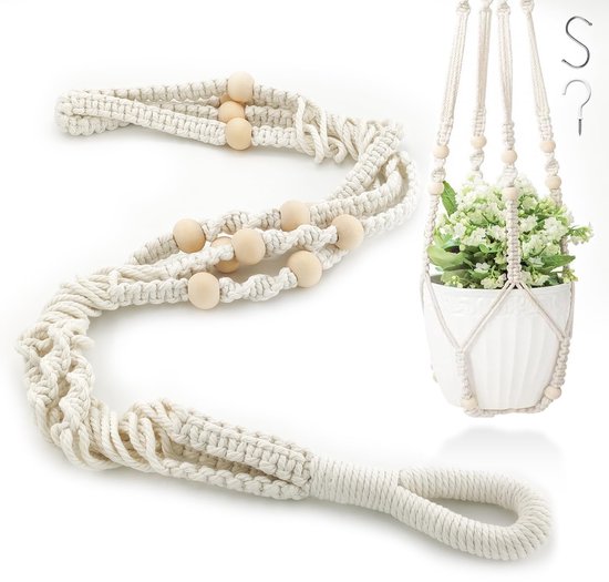 Macramé Plantenhanger - Met haak - Voor planten en wanddecoratie - Geschikt voor binnen en buiten - Woonkamer, Balkon, Raam - Beige met parels