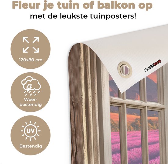 Tuinposter 120x80 cm - Tuindecoratie Doorkijk - Lavendel - Landschap - Bloemen - Paars - Poster voor in de tuin - Buiten decoratie - Schutting tuinschilderij - Tuindoek muurdecoratie - Wanddecoratie balkondoek