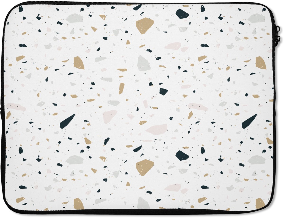 Laptophoes 17 inch - Terrazzo - Patroon - Wit - Neutraal - Laptop sleeve - Binnenmaat 41x28 cm - Zwarte achterkant