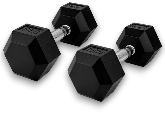 KRAKEN Hexagon Dumbbell Set 2x 10 KG - Zeshoekige Vorm Voorkomt Rollen en Eenvoudig Stapelbaar - Ergonomische Greep voor Optimale Controle en Comfort - Rubber Coating Vloervriendelijk en Slijtvast - IJzeren Kern - Krachttraining en Home Gym