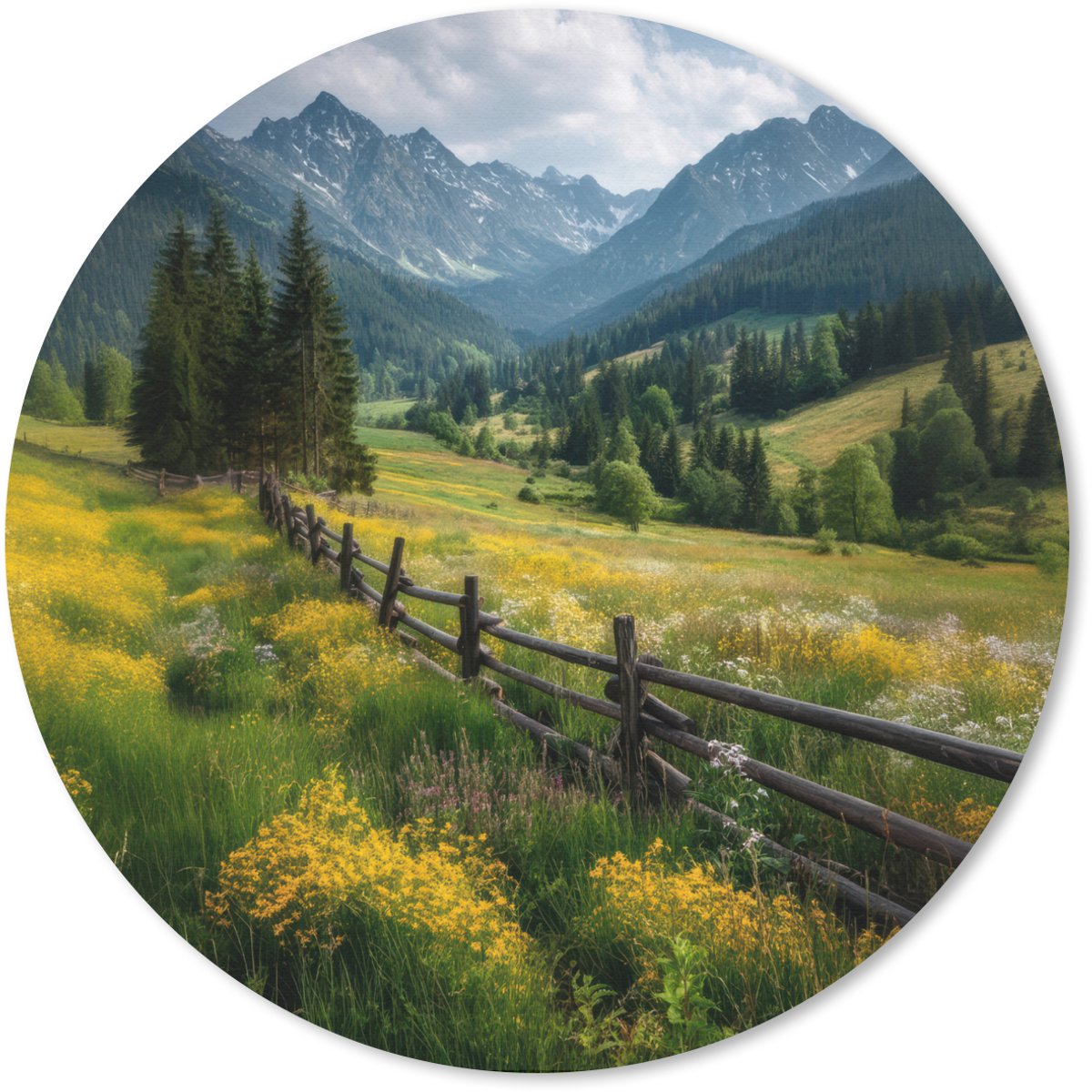 Muismat rond 40x40 cm - Mousepad Veld - Hek - Bergen - Bloemen - Ronde muismatten