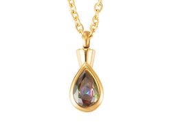 Quiges - RVS Ashanger - Zirkonia - Goudkleurig - Urn - Traan met Regenboog steen - Verstelbare Ketting 45 - 50cm en vulsetje - Asketting - As sieraad SLSA044
