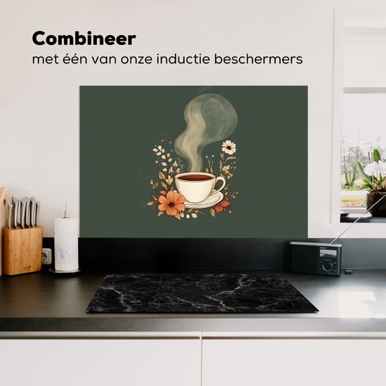 Spatscherm keuken 90x60 cm - Kookplaat achterwand Kop - Bloemen - Groen - Koffie - Muurbeschermer - Spatwand fornuis - Hoogwaardig aluminium
