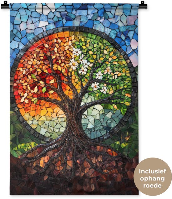 Wandkleed 60x90 cm - Wanddoek Boom - Seizoenen - Mozaïek - Bergen - Wandtapijt - Wandkleden